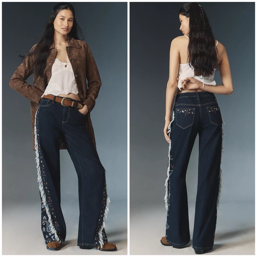 Driftwood Western Frankie High-Rise Wide-Leg Embroidered Fringe Jeans NWT Sz 32
